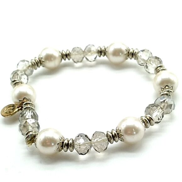 L&F Faux Pearl Crystal Beaded Stretch Bracelet with Silver-tone Spacers - Picture 5 of 8
